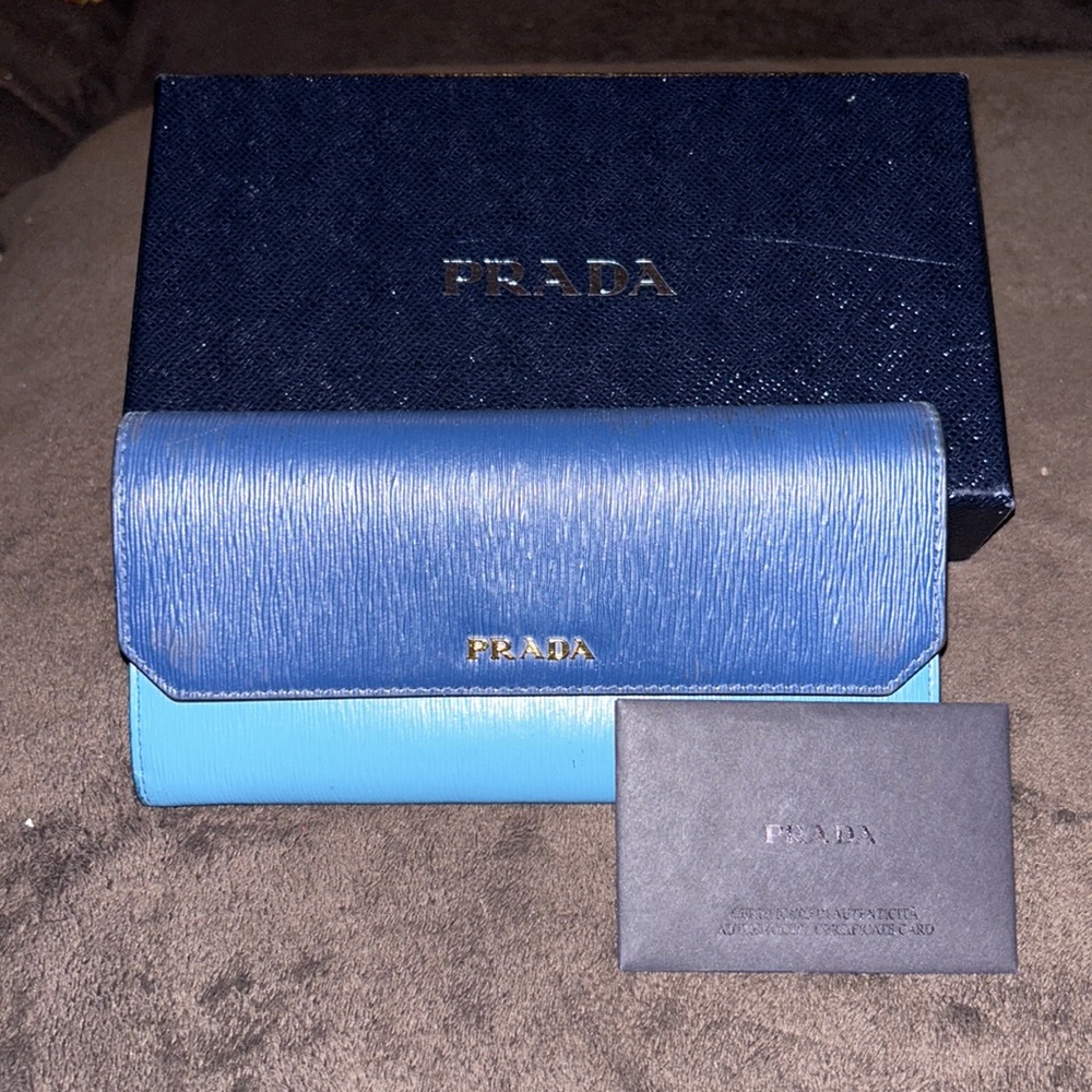 PRADA 2- Tone Blue saffiano leather Accordion wallet